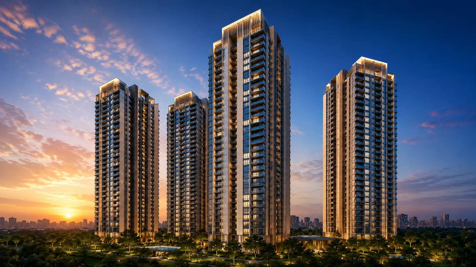 Illustrative visual: high-rise tower skyline at dusk for L&T Aravista Sector 81-86